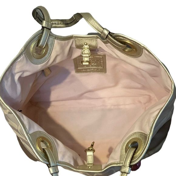 Large Matching Wallet Khaki and Tan Signature C Metallic Fabric Tote 12"L x 5"W - Picture 14 of 16